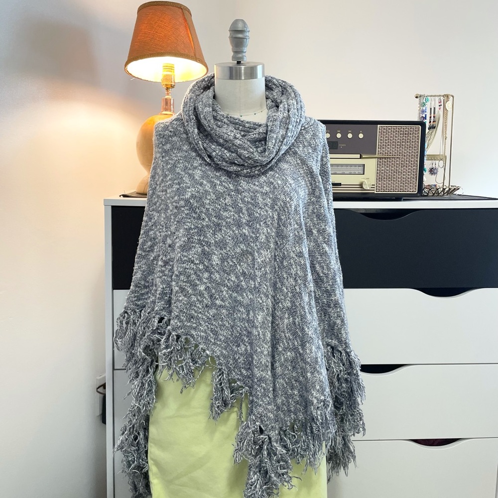 • gray fringe cowl neck poncho •